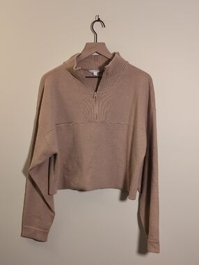 Lunya Cotton Silk Blend Quarter Zip Cropped Tan Pullover